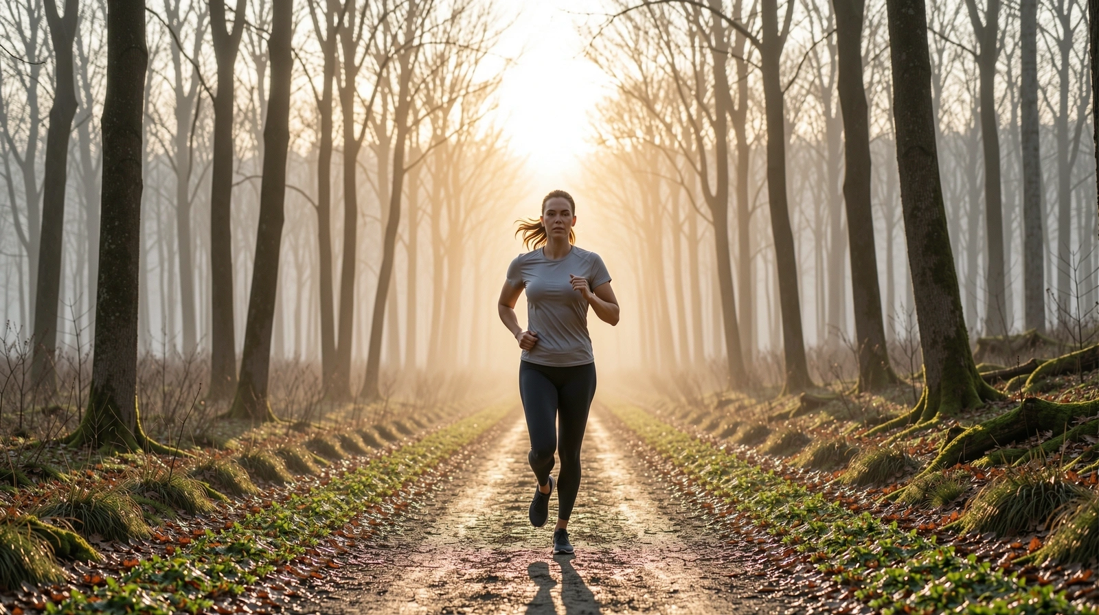 Persoană alergând dimineața prin pădure
