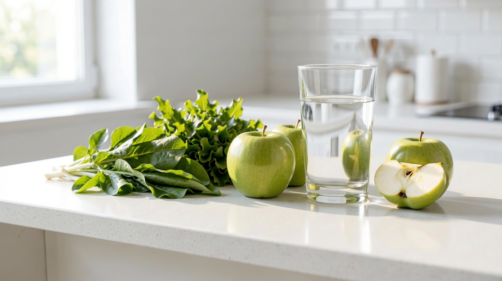 Legume proaspete și fructe pe un blat de bucătărie luminos